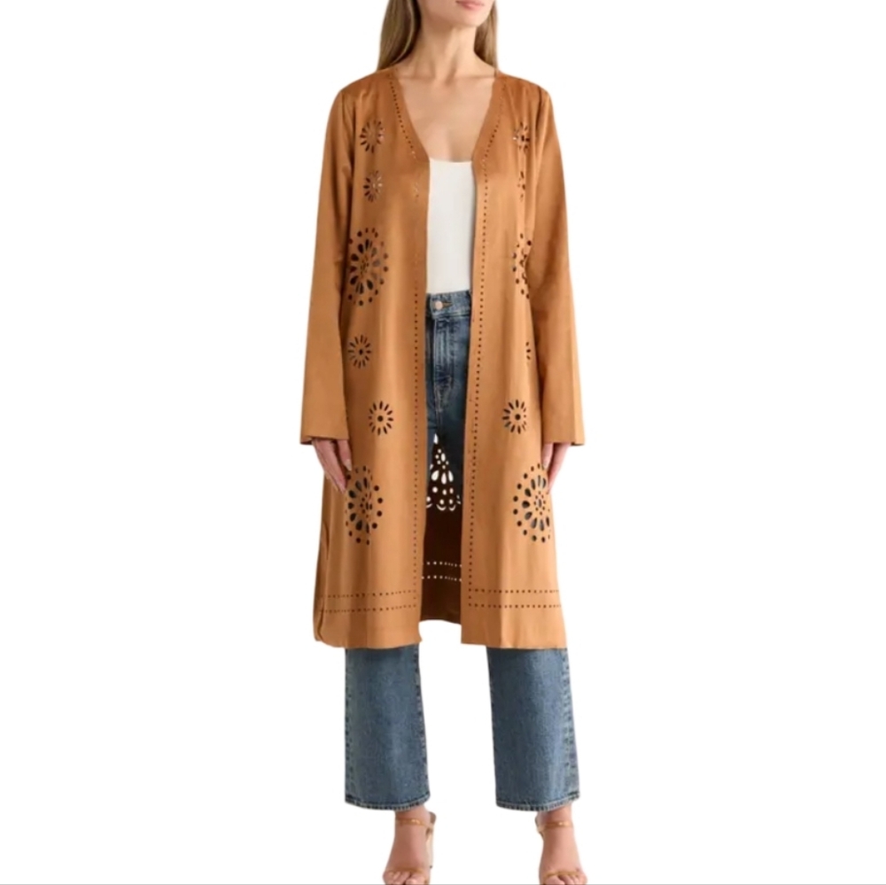 Liv Los Angeles Brown Women's‎ Vegan Suede Duster with Cut-Out Design Plus Size
